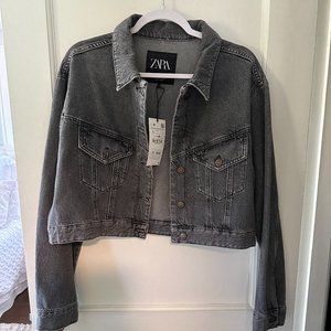 NWT Zara Grey/Black Washed Denim Jacket